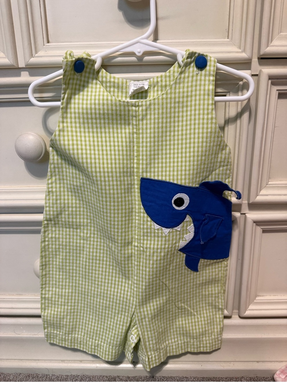 Kids Green Gingham Romper with Blue Shark Applique